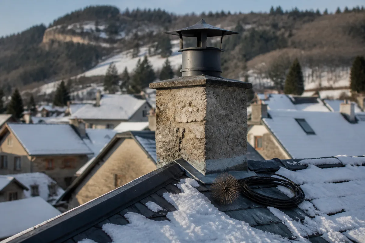 Souche de cheminée dépassant le faîtage d’une toiture pentue couverte de neige