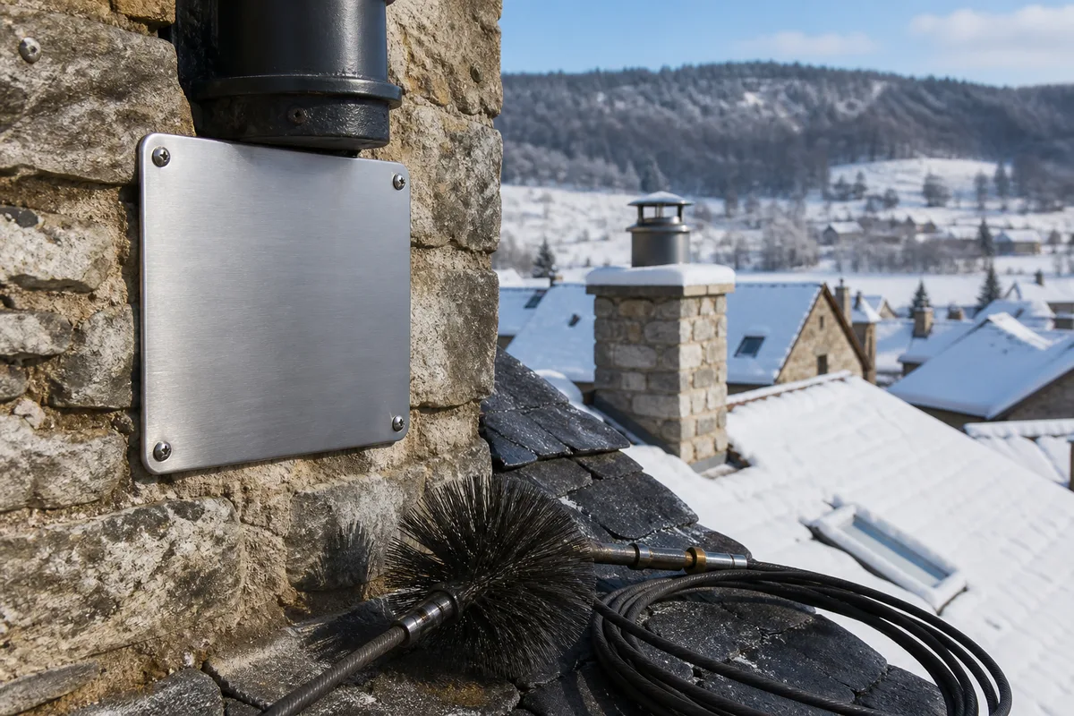Plaque signalétique de conduit tubé fixée sur un mur près d’un poêle à bois