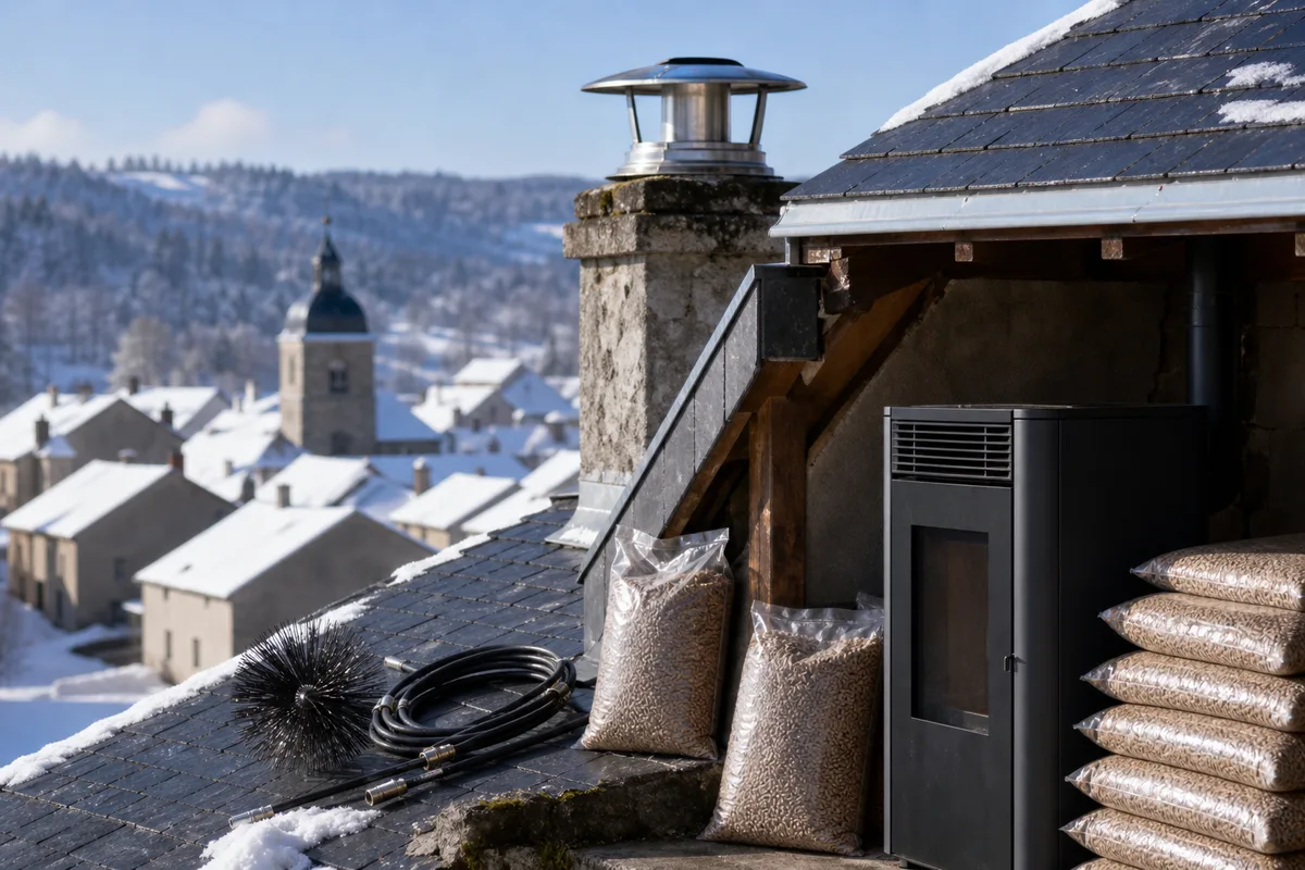 Sacs de granulés certifiés stockés au sec dans un local avec poêle à pellets