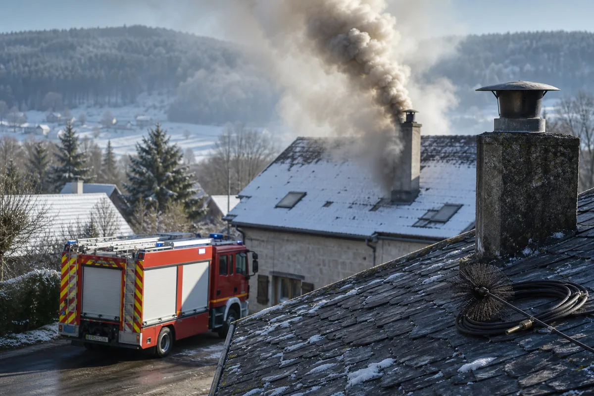 Camion de pompiers stationné devant une maison dont la cheminée dégage une fumée épaisse