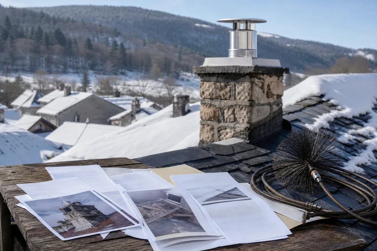 Dossier de sinistre avec photographies, devis et certificat de ramonage sur une table