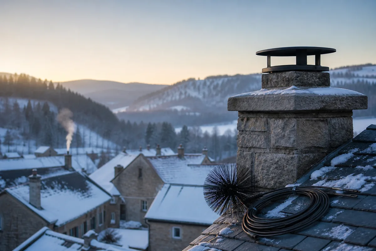 Toits enneigés à forte pente d'un village du Haut-Jura, souche de cheminée fumante et brosse hérisson posée contre le mur