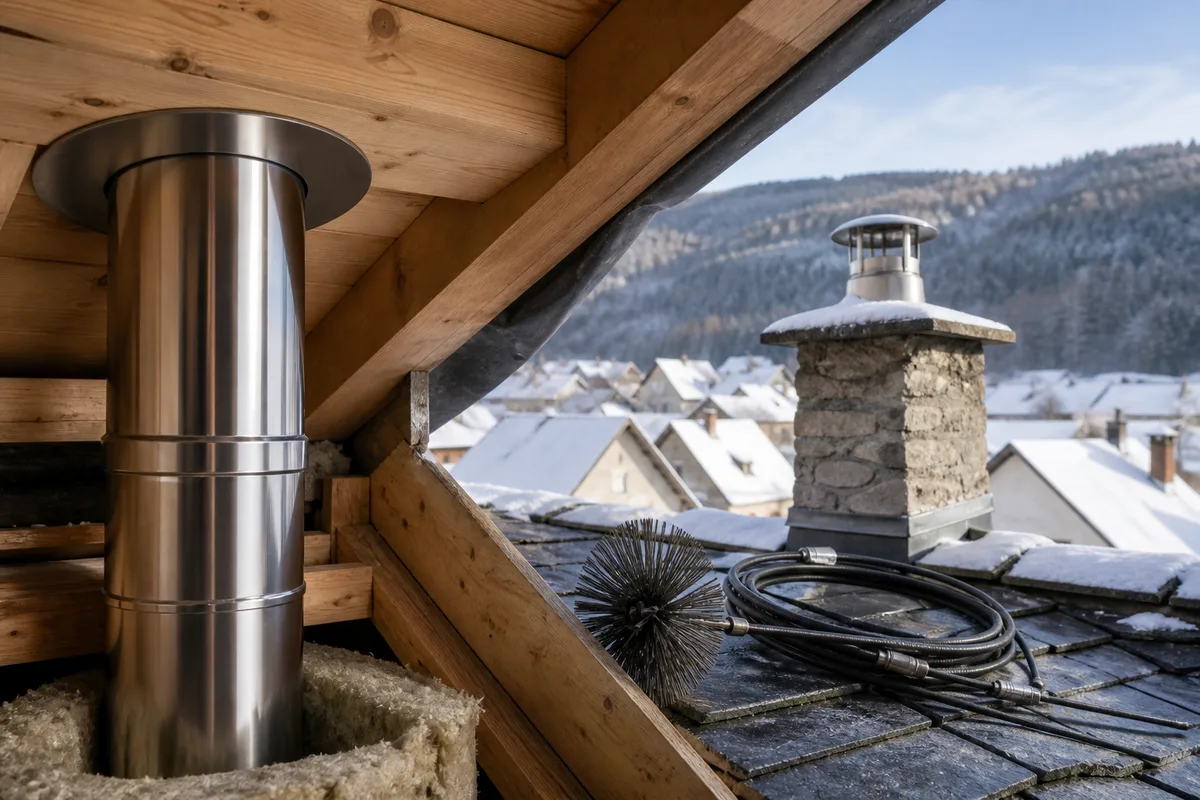 Chantier d’installation avec conduit isolé inox traversant un plafond en bois