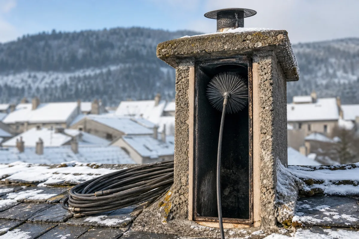 Brosse hérisson métallique remontant l&rsquo;intérieur d&rsquo;un conduit de cheminée maçonné