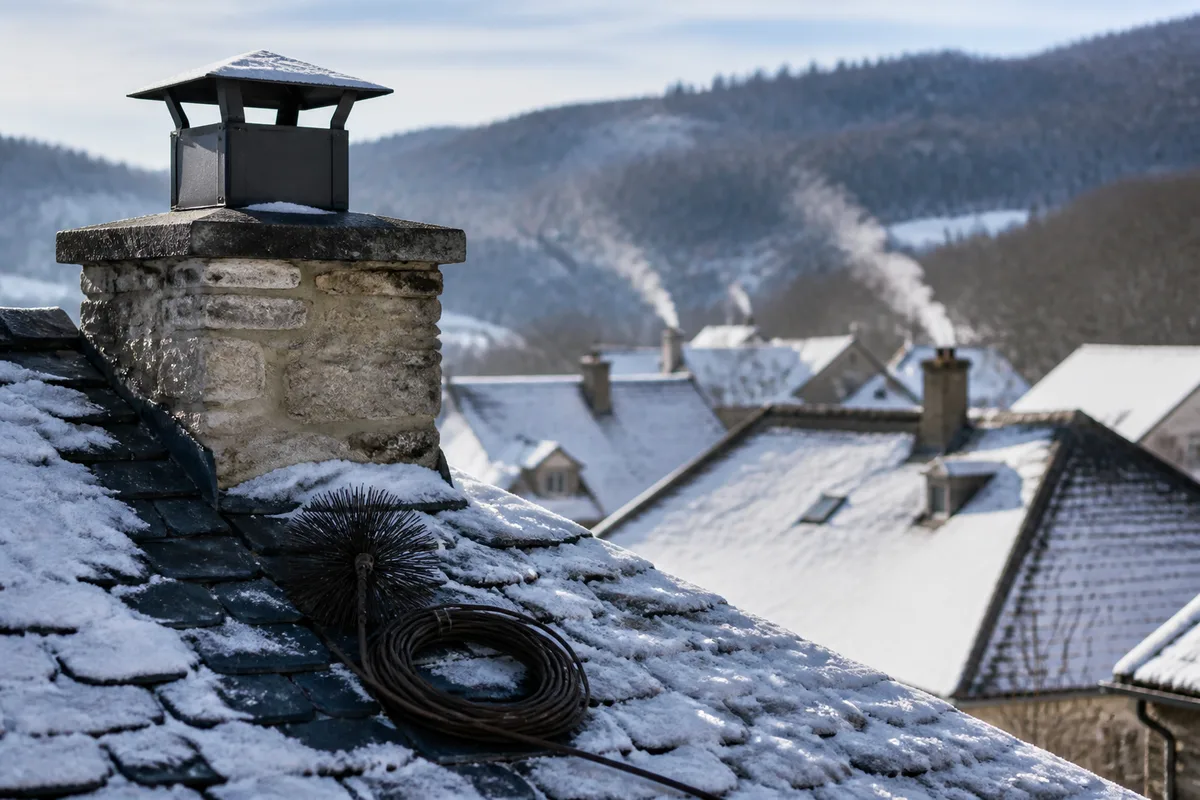 Toitures enneigées d&rsquo;un village du Haut-Jura avec souches de cheminées fumantes